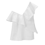 One-shoulder ruffled top on white background.