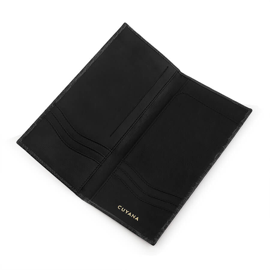 Opened wallet with multiple card slots and a logo on bottom right corner.