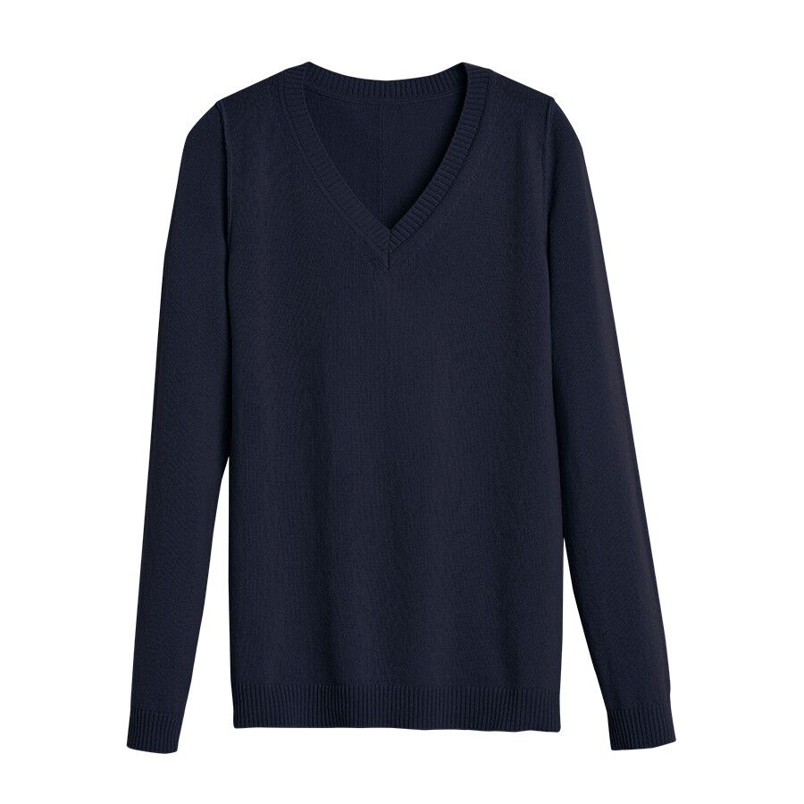 V-neck sweater displayed on a flat surface
