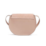 Round handbag with a flap and a shoulder strap.