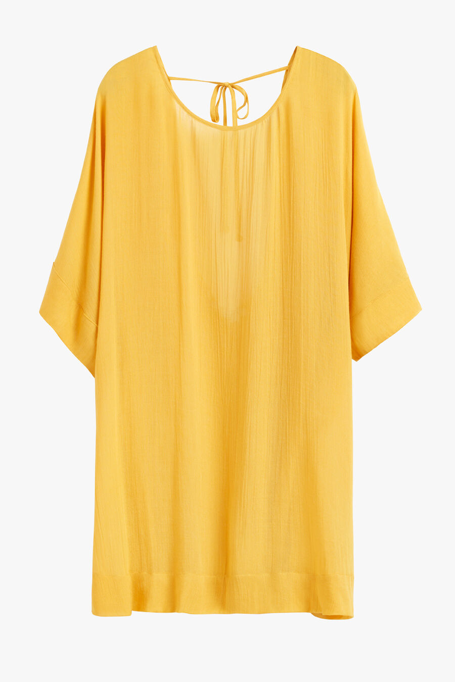 Short-sleeved blouse with a round neckline and tie detail at the back.