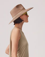 Profile of a person wearing a hat and sunglasses.