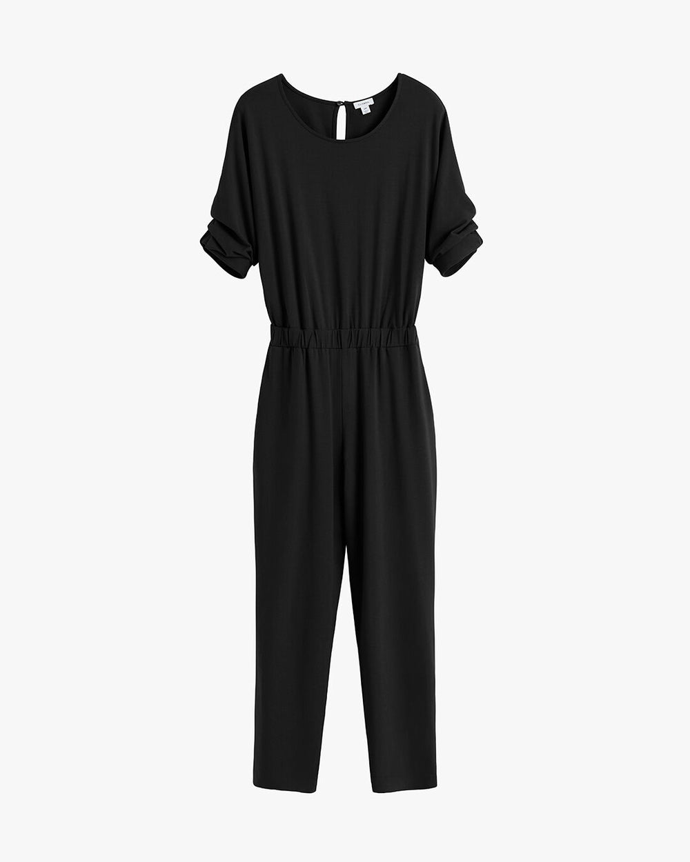 Black jumpsuit with short sleeves and elastic waistband displayed on a plain background.