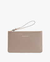 Wristlet purse with zipper and brand text on front.