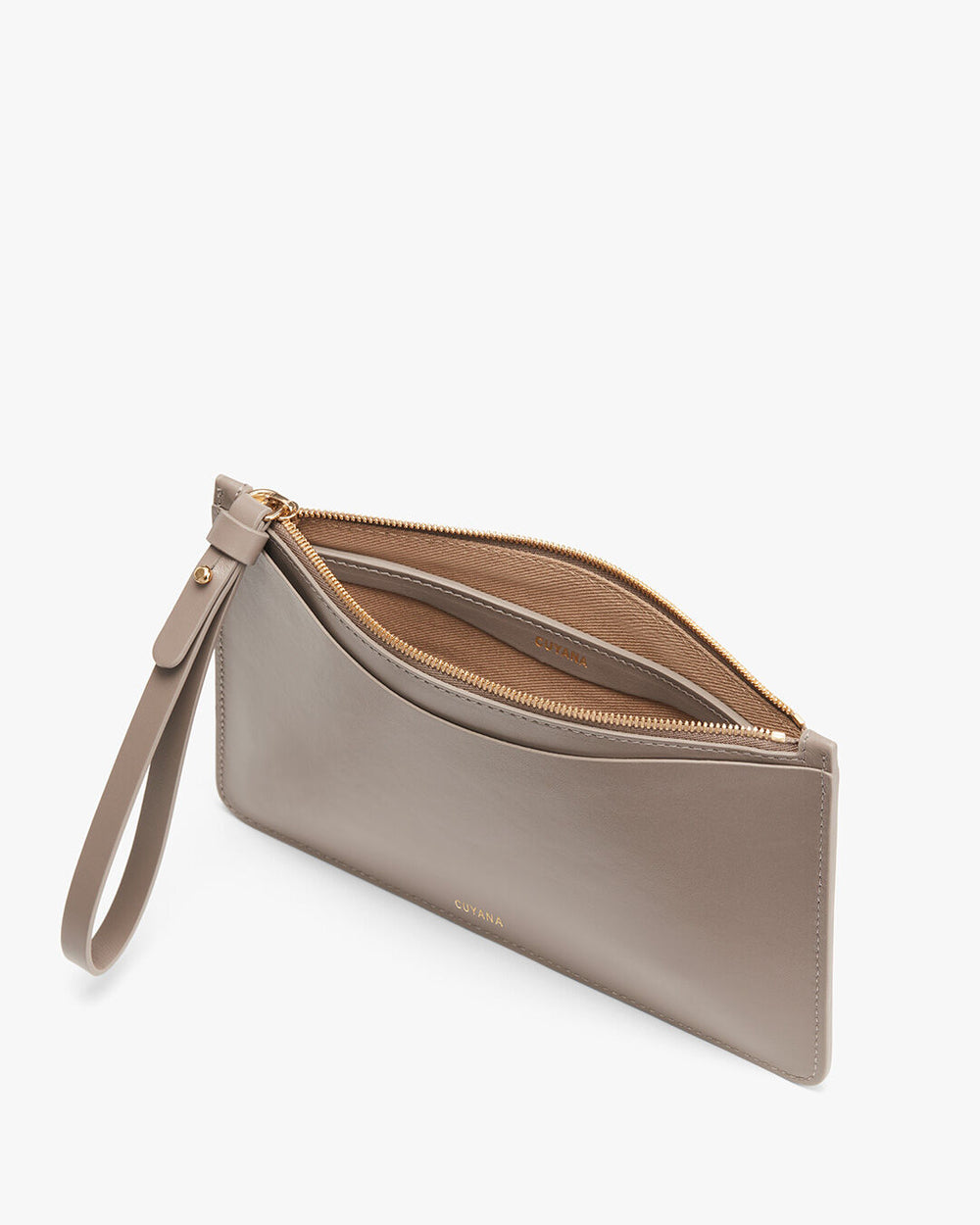 Open wristlet bag with zipper and wrist strap.