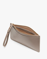 Open wristlet bag with zipper and wrist strap.