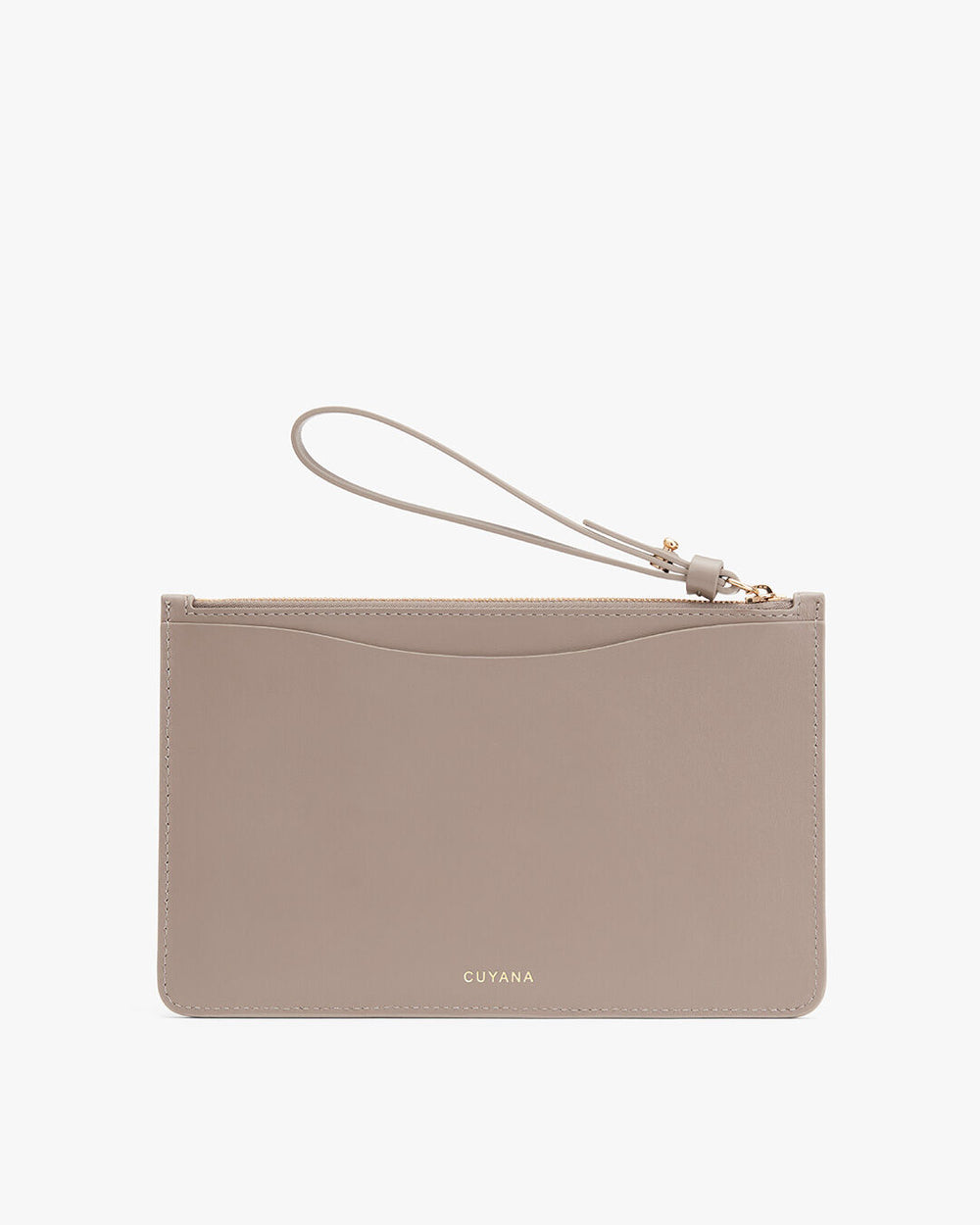 Wristlet with brand logo and zipper closure.