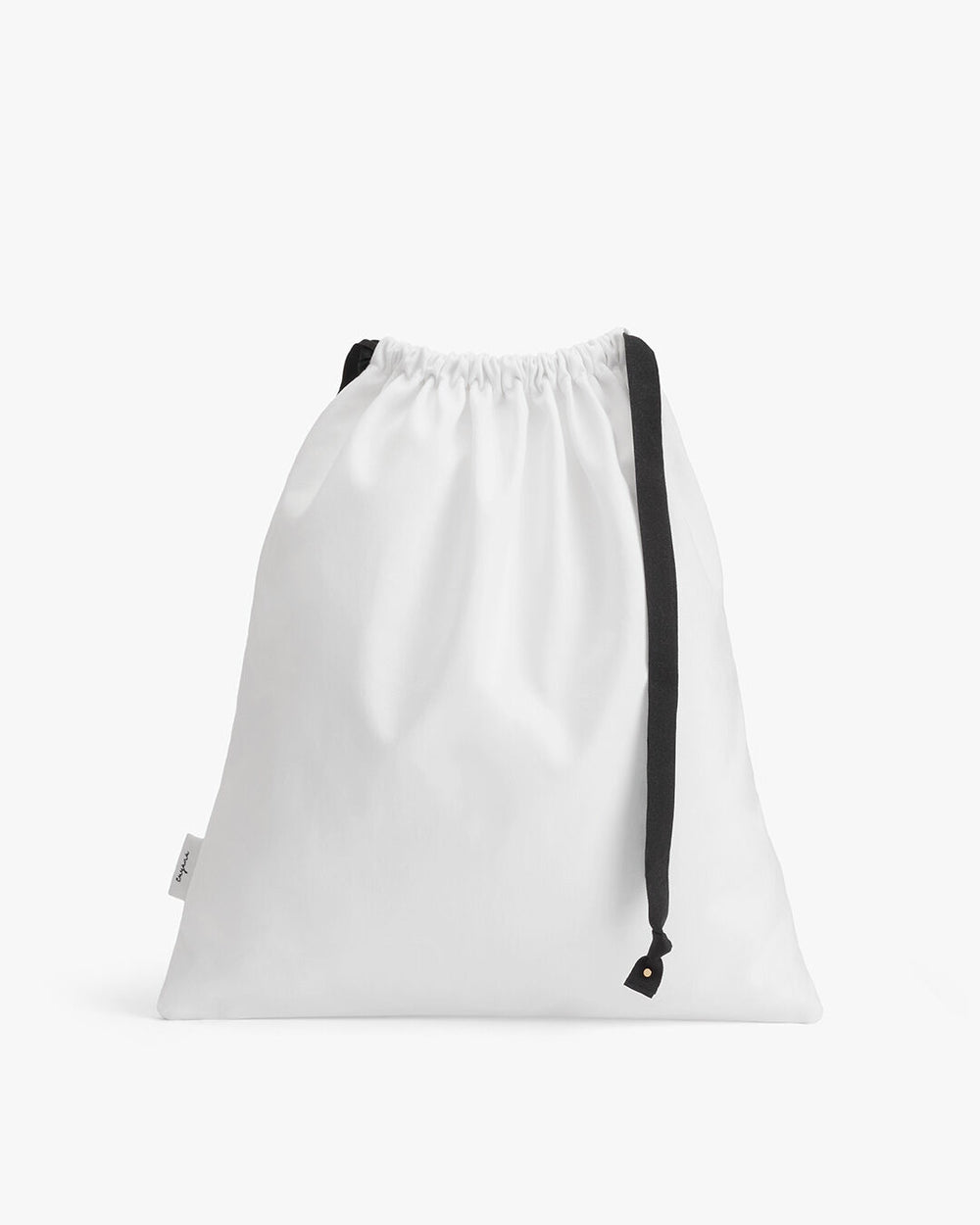 Drawstring bag with a strap on a plain background.