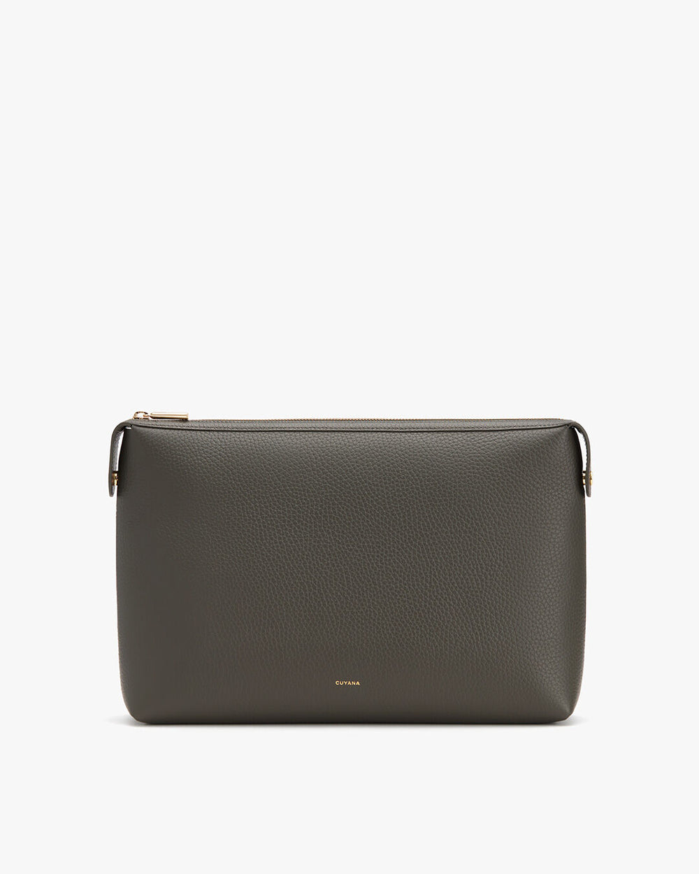 Rectangular purse with a zipper and brand name on the front.