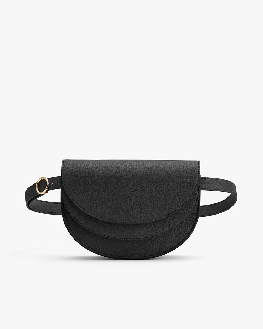 Small half-circle shaped shoulder bag with a flap closure and strap.