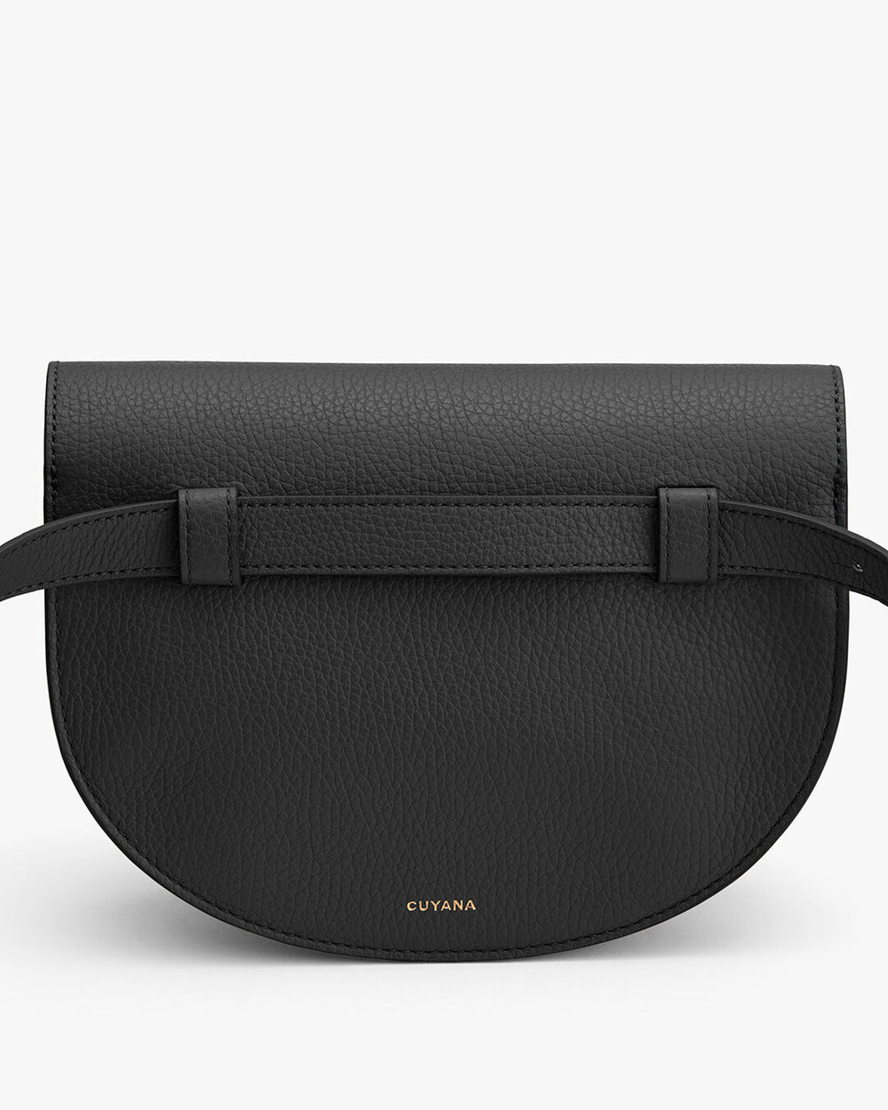 A small semi-circular handbag with a front flap and shoulder strap.
