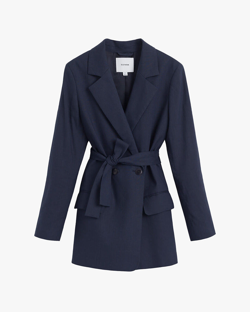 Belted blazer with lapels and a single button visible.