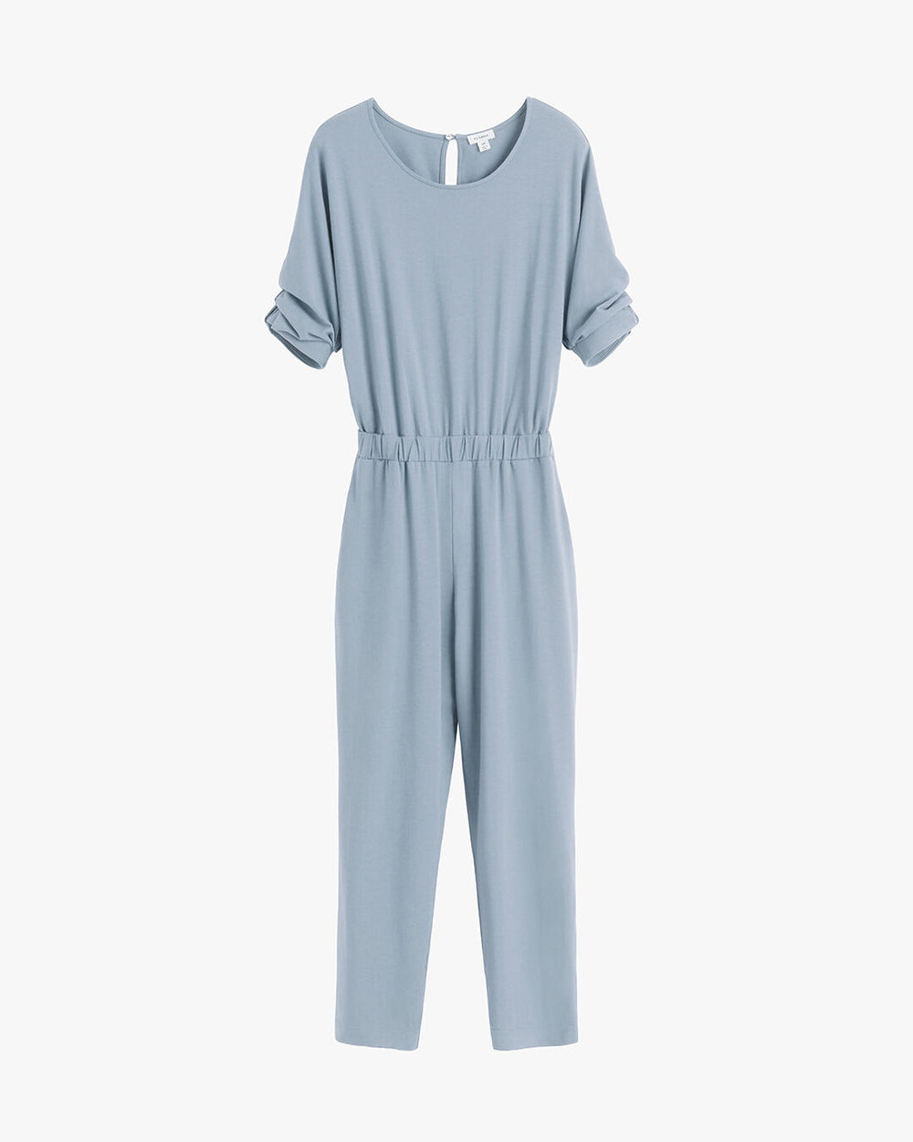 A short-sleeved jumpsuit with elastic waist on a white background.