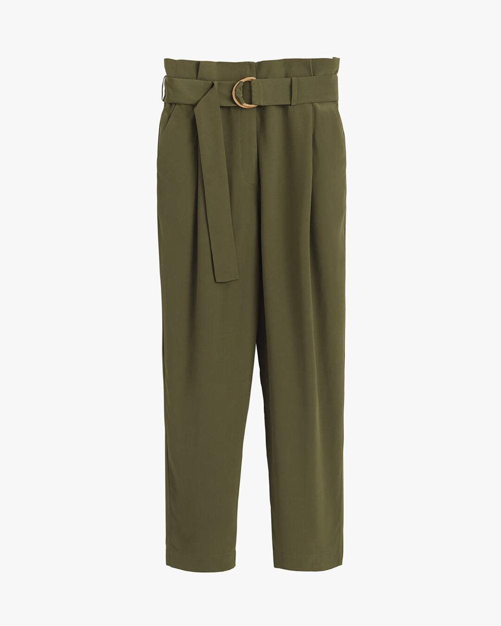 Belted trousers with pleats and side pockets displayed against a plain background.