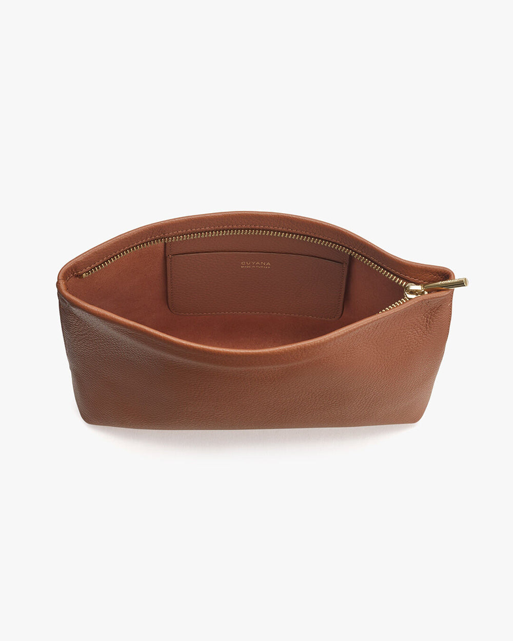 Open leather pouch with zipper on a plain background.