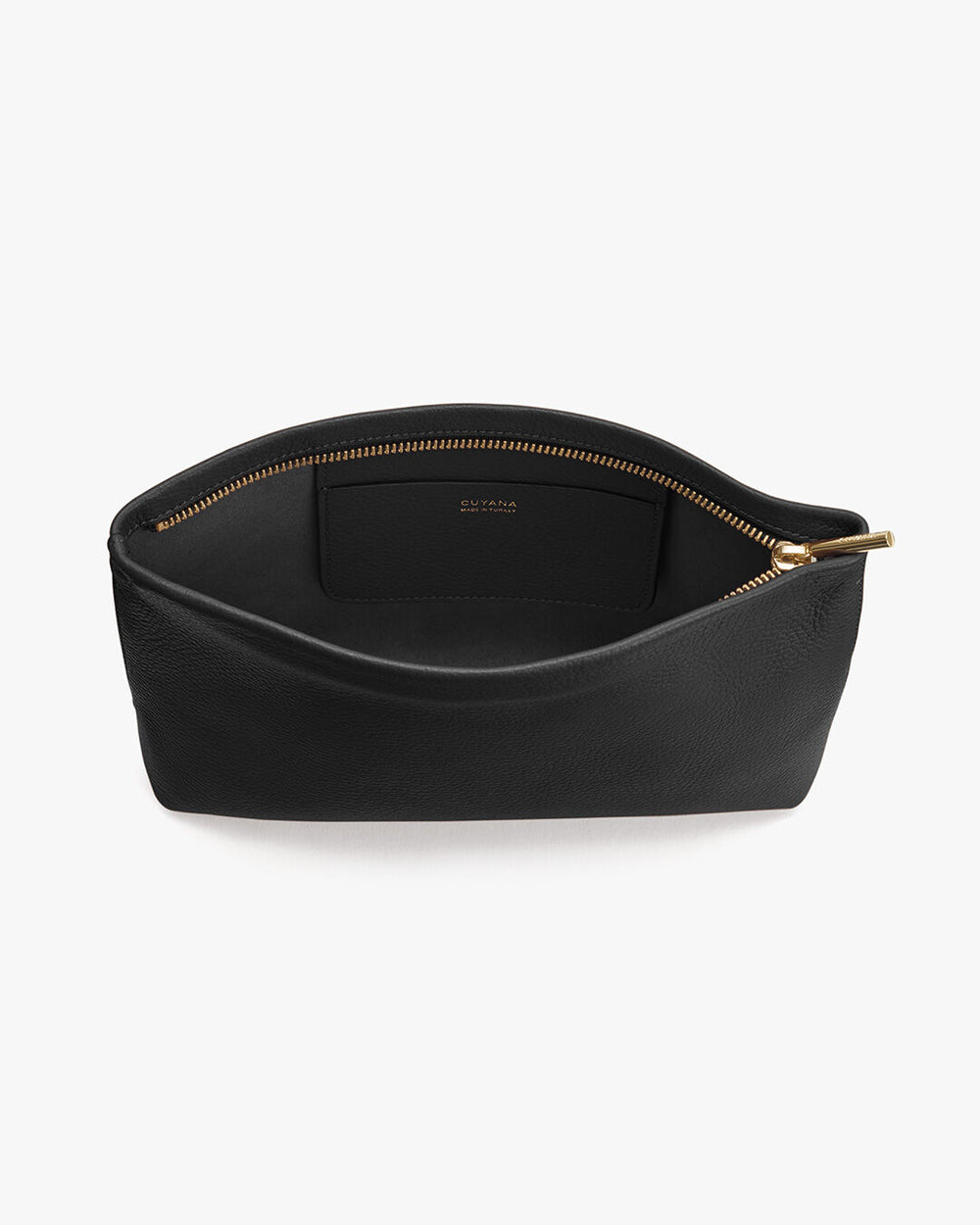 Open black pouch with a zipper on a white background.