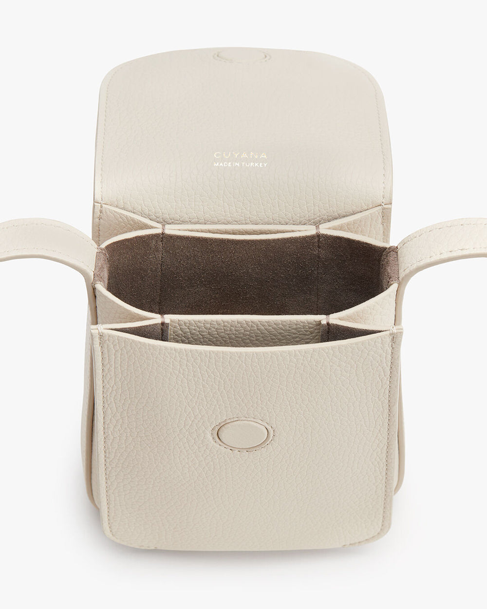 Open leather wallet with multiple compartments and a snap closure.