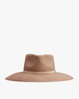 Wide-brimmed hat with a flat brim and indented crown.
