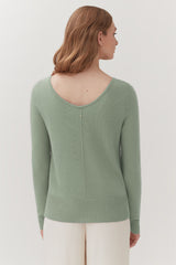 Woman facing away, wearing a sweater with a zipper down the back.