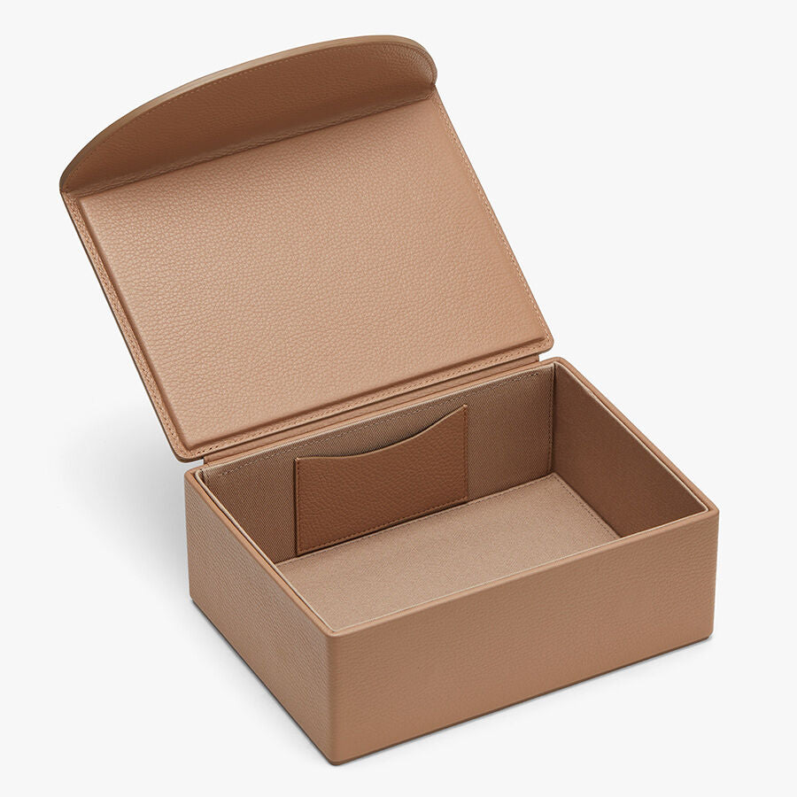 Open rectangular box with a lid and interior divider.
