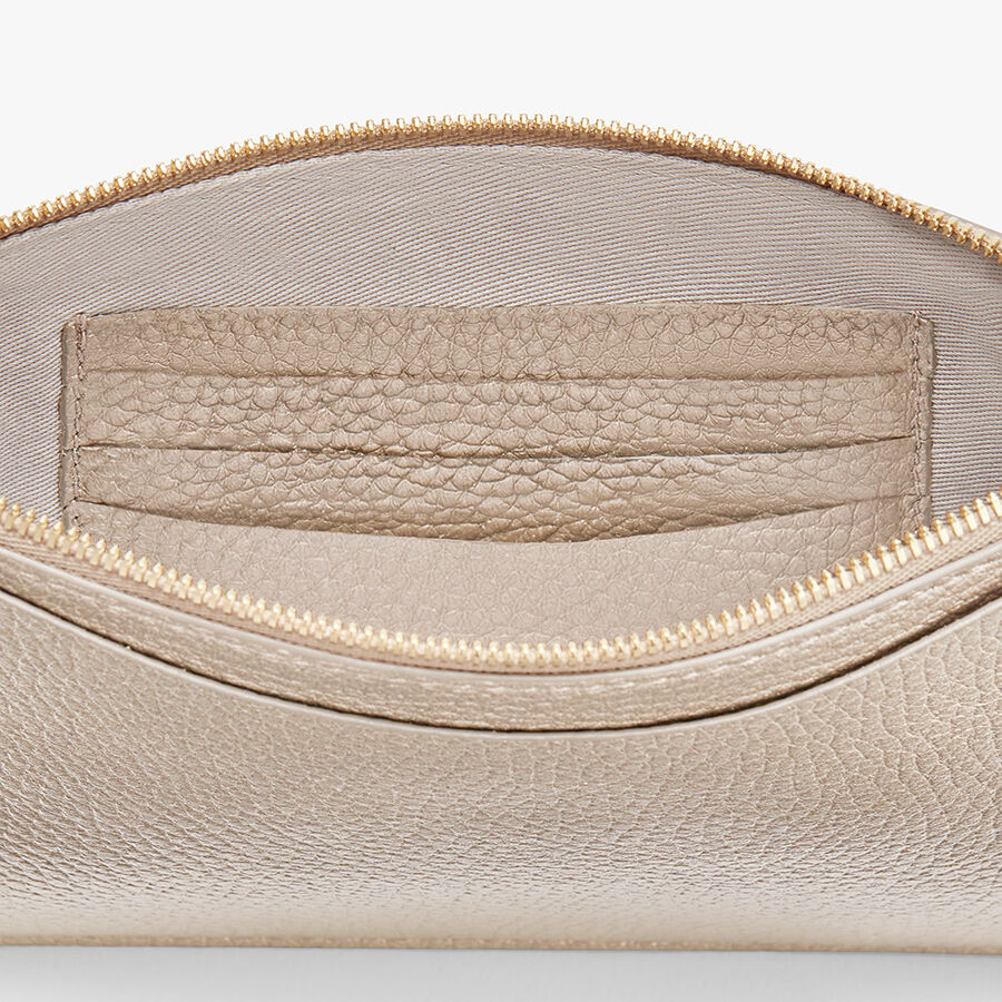 Open pouch with inner pocket and a zipper closure.