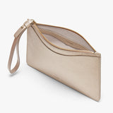 Small wristlet purse with zipper closure and wrist strap.