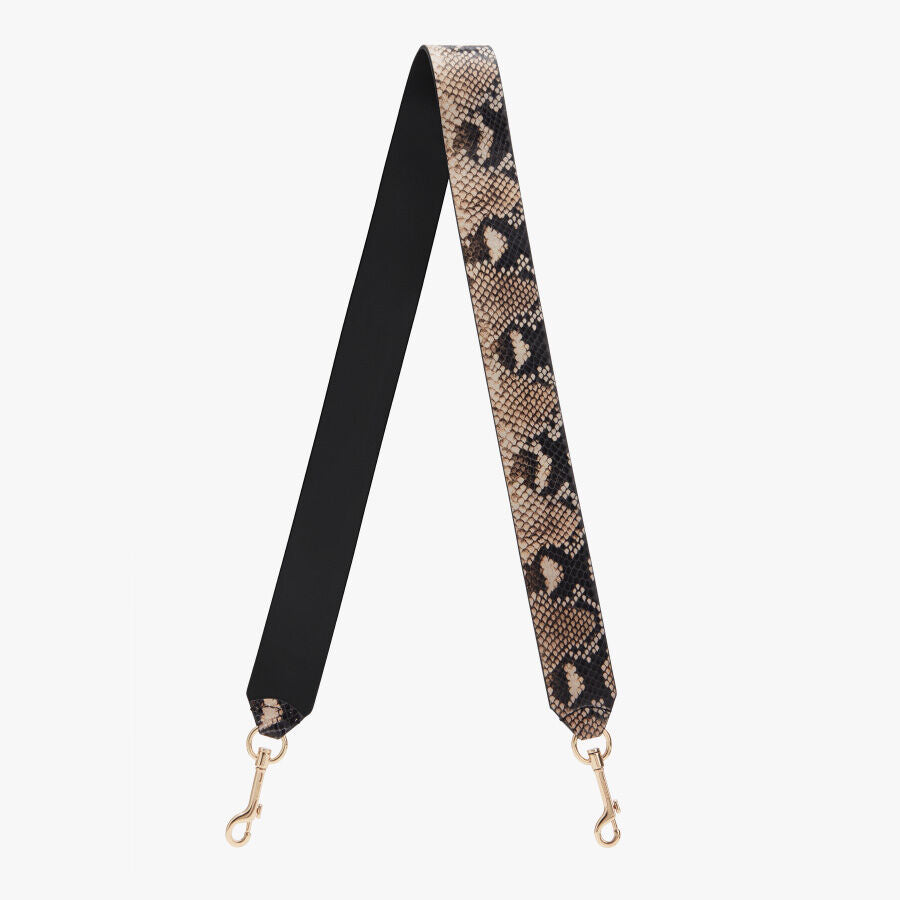 Shoulder strap with clasps at both ends, featuring a patterned design on one side.