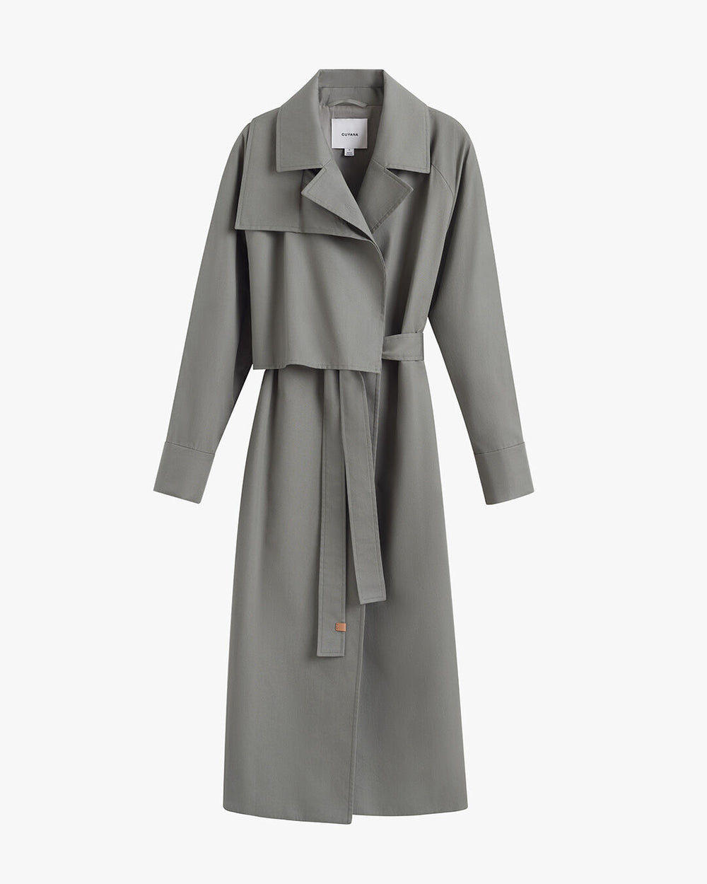 Long coat with a belt and large lapels, displayed against a plain background.