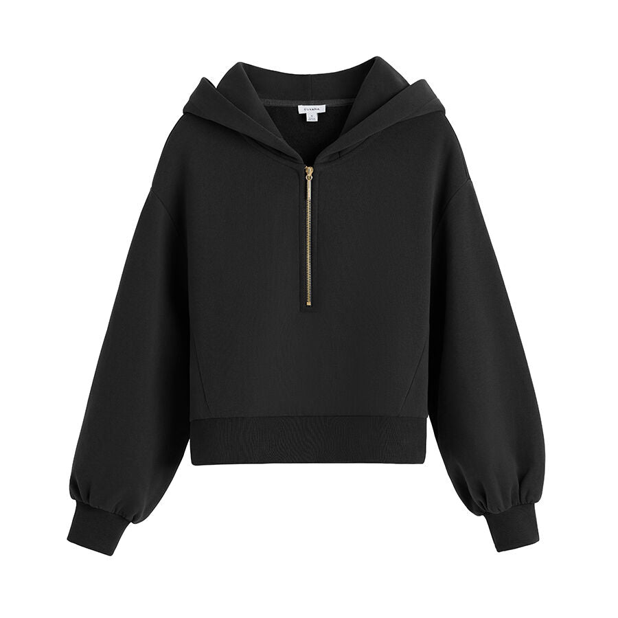 Cropped hoodie with a front zipper and drawstring hood.