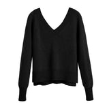 Long-sleeved sweater with V-neckline on a plain background.