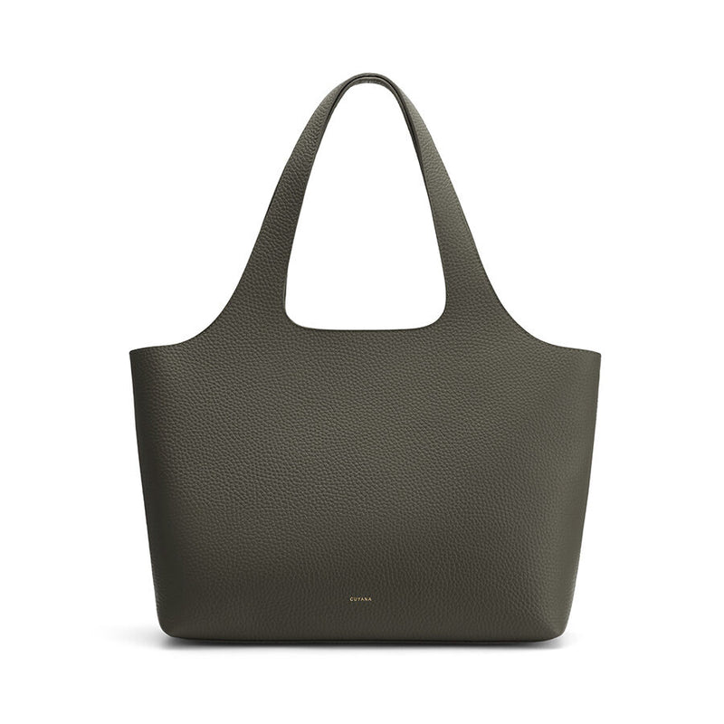 Large tote bag with a single handle and a brand logo at the bottom.