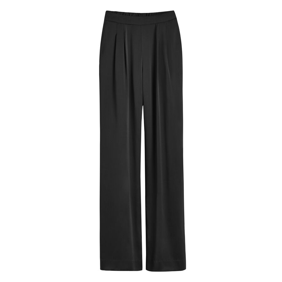 A pair of women's trousers with an elastic waistband and a relaxed fit.
