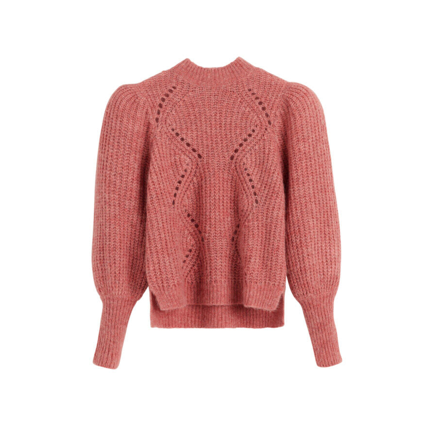 Knitted sweater with long sleeves and patterned front, displayed on a plain background.