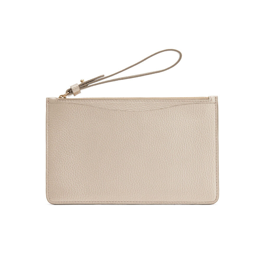 Small clutch with a wrist strap and zip closure.