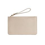 Small clutch with a wrist strap and zip closure.