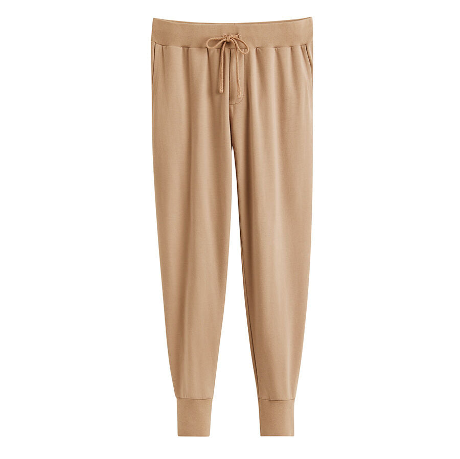 Jogger pants with drawstring waist and cuffed ankles.