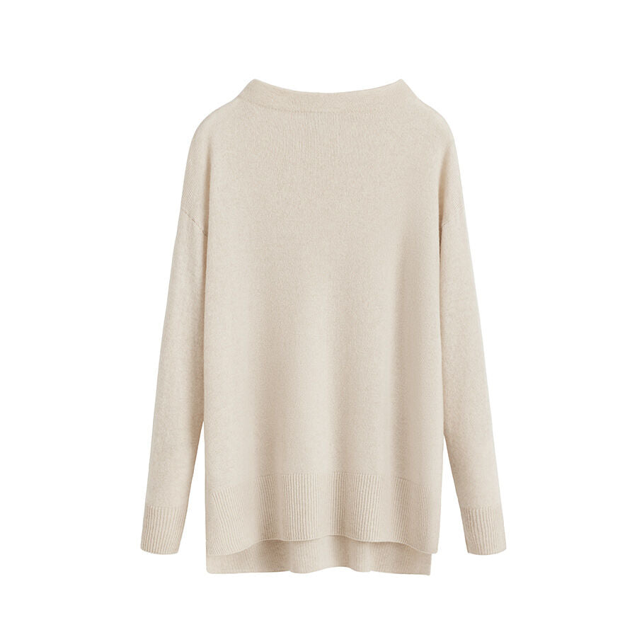 Back view of a long-sleeved sweater with a round neckline.