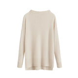Back view of a long-sleeved sweater with a round neckline.