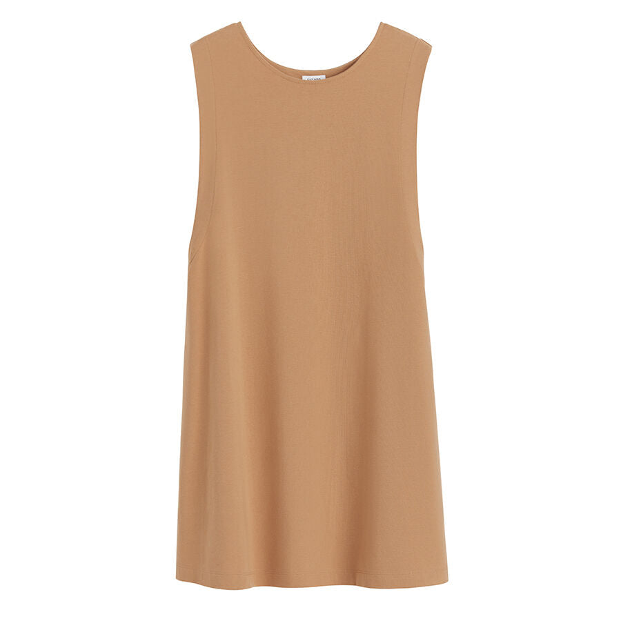 Sleeveless knee-length dress on plain background.
