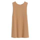 Sleeveless knee-length dress on plain background.