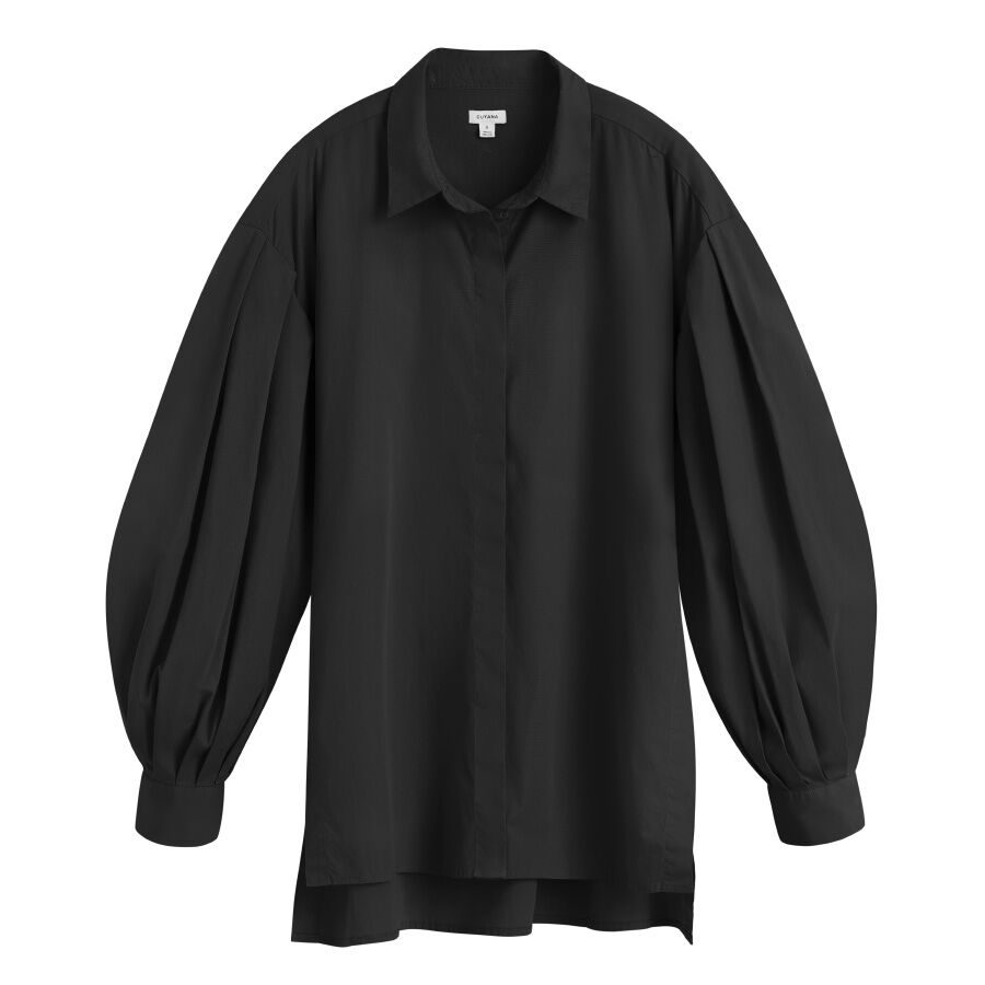 Black long-sleeve blouse with puffy sleeves on white background.