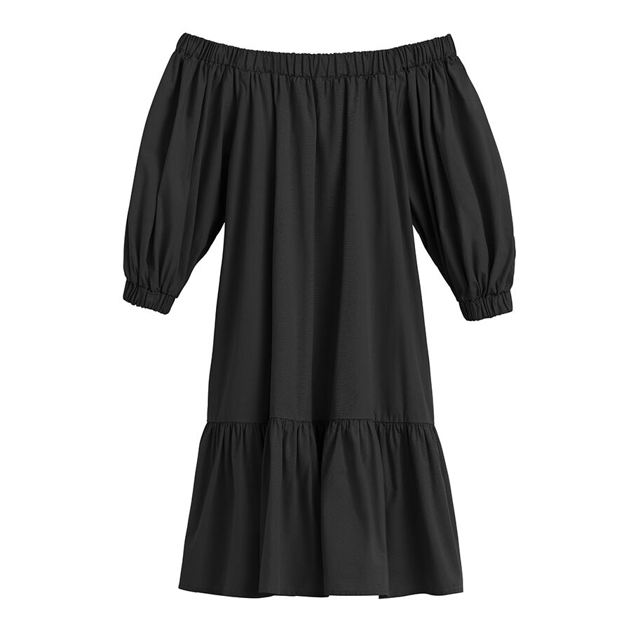 Off-shoulder dress with ruffled hem and three-quarter sleeves