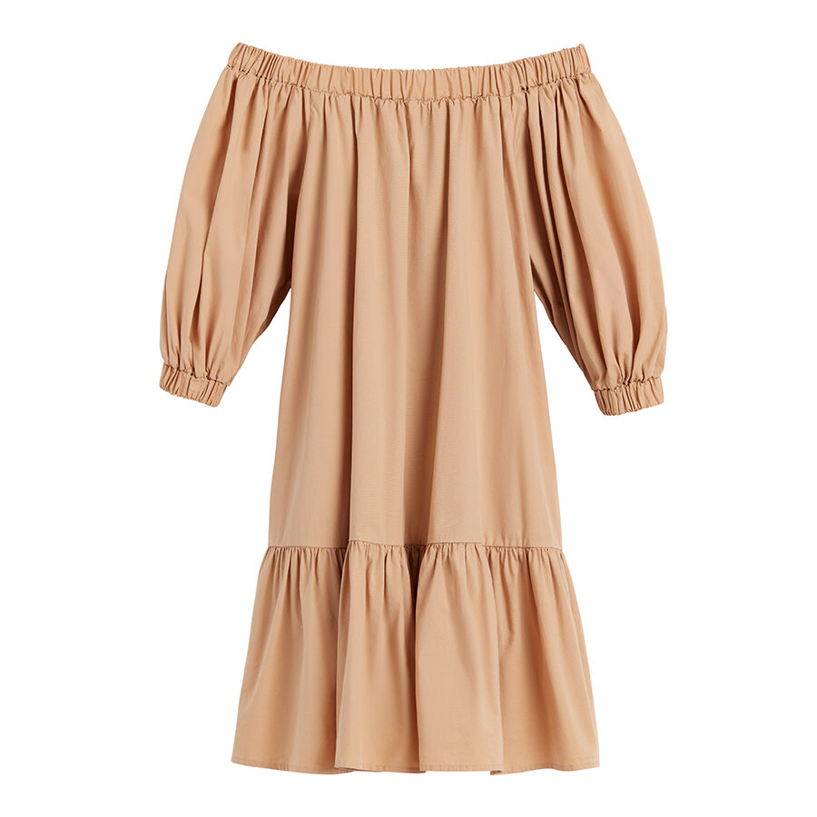 Off-shoulder dress with long sleeves and ruffled hem.