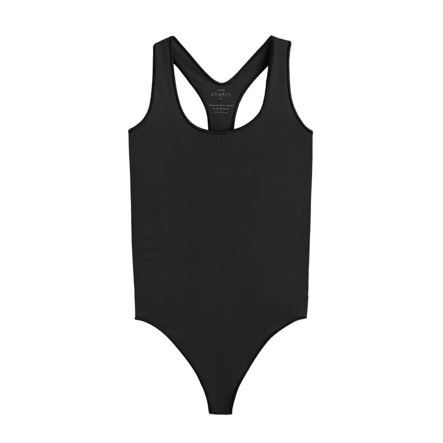Sleeveless bodysuit with a scoop neck front and back.
