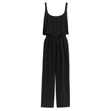 Sleeveless jumpsuit with a cinched waist.