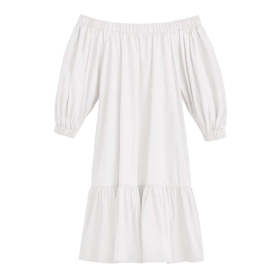 Off-shoulder dress with three-quarter sleeves and ruffled hem.