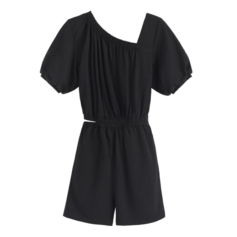 Short-sleeved romper with elastic waistband and square neckline.