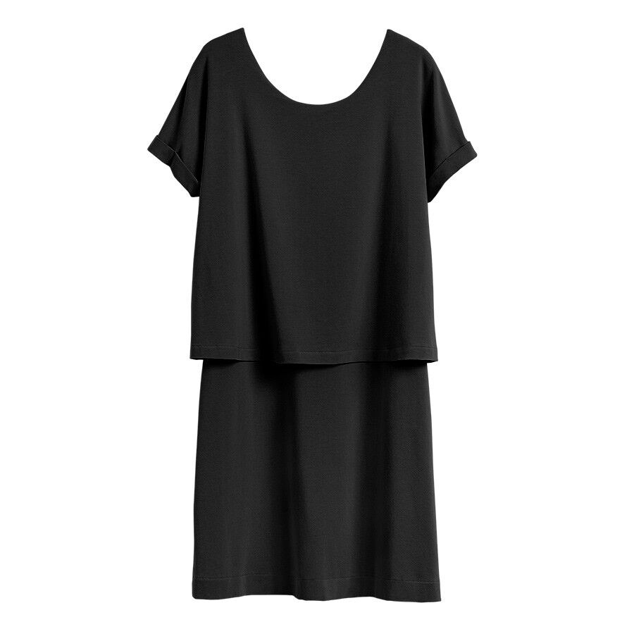 Two-piece women's dress with short sleeves and layered top.
