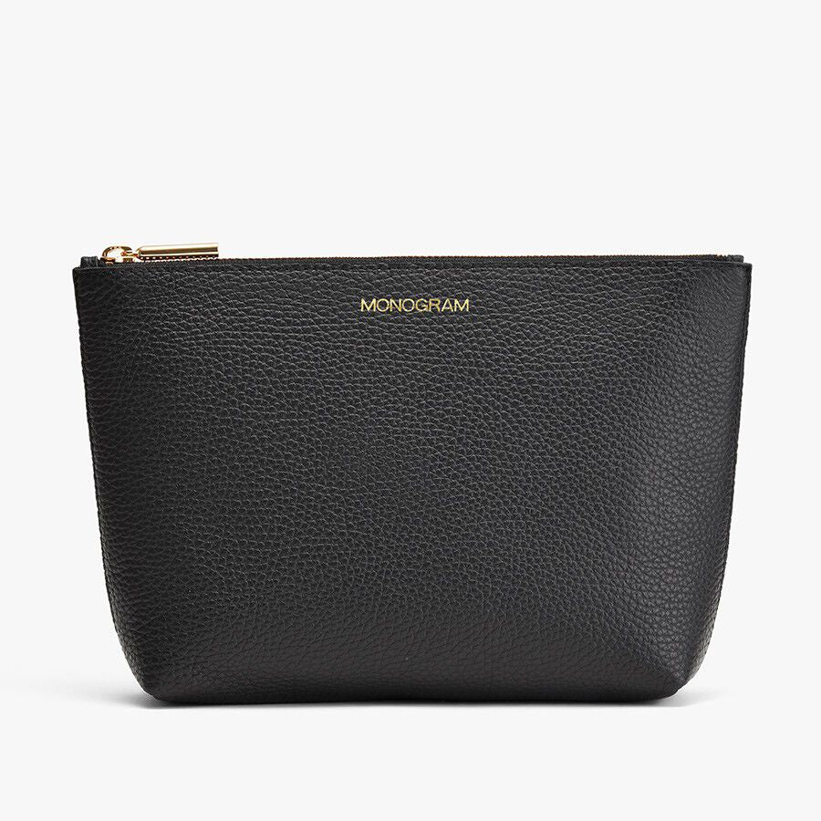 Small leather pouch with a zipper closure and branded text.
