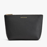 Small leather pouch with a zipper closure and branded text.